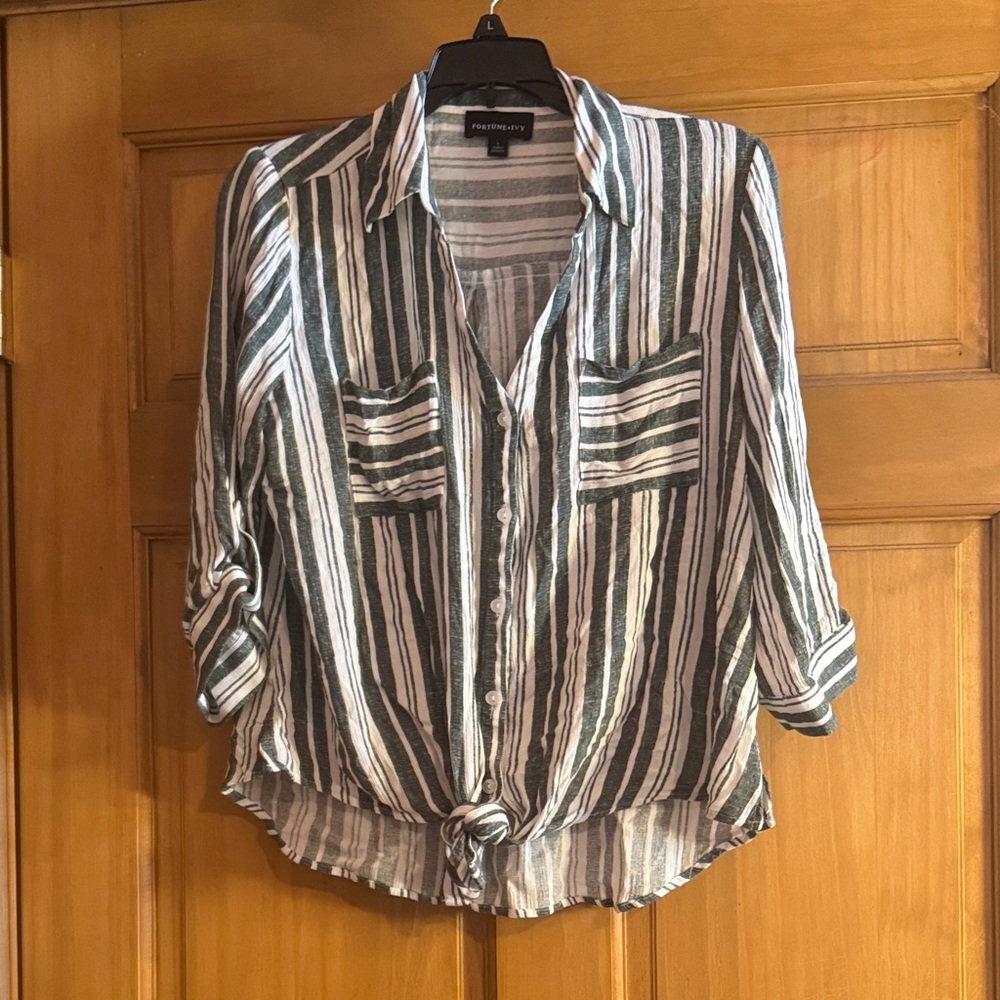 Fortune + Ivy from Stitch Fix Green and White Striped Button-Down Shirt